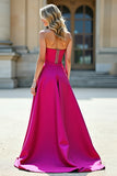 Fuchsia A Line Satin Sweetheart Floor Length Prom Dress with Slit