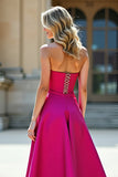 Fuchsia A Line Satin Sweetheart Floor Length Prom Dress with Slit