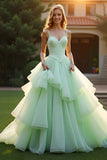 Green Ball Gown Spaghetti Straps Ruffled Long Prom Dress