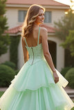 Green Ball Gown Spaghetti Straps Ruffled Long Prom Dress