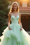 Green Ball Gown Spaghetti Straps Ruffled Long Prom Dress