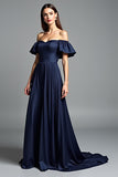 Navy Off the Shoulder Ruffled A Line Long Formal Dress