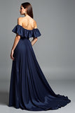 Navy Off the Shoulder Ruffled A Line Long Formal Dress