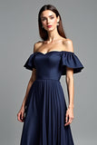 Navy Off the Shoulder Ruffled A Line Long Formal Dress
