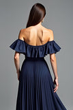 Navy Off the Shoulder Ruffled A Line Long Formal Dress