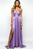 Purple Strapless A Line Pleated Long Prom Dress with Slit