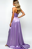 Purple Strapless A Line Pleated Long Prom Dress with Slit