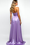 Purple Strapless A Line Pleated Long Prom Dress with Slit