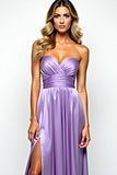 Purple Strapless A Line Pleated Long Prom Dress with Slit