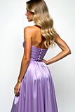 Purple Strapless A Line Pleated Long Prom Dress with Slit