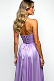 Purple Strapless A Line Pleated Long Prom Dress with Slit