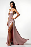Blush Halter Keyhole Sheath Backless Long Prom Dress with Slit