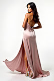 Blush Halter Keyhole Sheath Backless Long Prom Dress with Slit