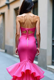 Mermaid Fuchsia Sweetheart Ruffled Long Prom Dress
