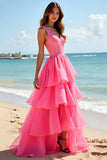 A Line Hot Pink V Neck Tiered Long Prom Dress