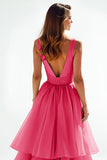 A Line Hot Pink V Neck Tiered Long Prom Dress