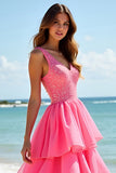 A Line Hot Pink V Neck Tiered Long Prom Dress