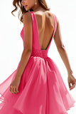 A Line Hot Pink V Neck Tiered Long Prom Dress