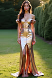 Metallic Rose Golden Off the Shoulder Sheath Long Prom Dress with Slit