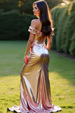 Metallic Rose Golden Off the Shoulder Sheath Long Prom Dress with Slit