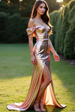 Metallic Rose Golden Off the Shoulder Sheath Long Prom Dress with Slit
