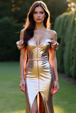 Metallic Rose Golden Off the Shoulder Sheath Long Prom Dress with Slit