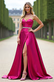 Fuchsia Sweetheart A Line Strapless Long Prom Dress with Slit