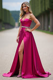 Fuchsia Sweetheart A Line Strapless Long Prom Dress with Slit