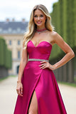 Fuchsia Sweetheart A Line Strapless Long Prom Dress with Slit