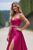 Fuchsia Sweetheart A Line Strapless Long Prom Dress with Slit