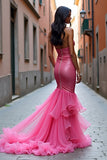 Glitter Hot Pink Sweetheart Sheath Ruffled Long Prom Dress with Slit