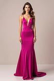 Elegant Fuchsia Deep V-Neck Sheath Floor Length Prom Dress