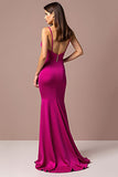 Elegant Fuchsia Deep V-Neck Sheath Floor Length Prom Dress