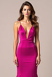 Elegant Fuchsia Deep V-Neck Sheath Floor Length Prom Dress