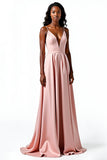 Blush A Line Spaghetti Straps V Neck Satin Wedding Guest Dress