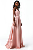 Blush A Line Spaghetti Straps V Neck Satin Wedding Guest Dress