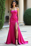 Spaghetti Straps Fuchsia A Line Long Prom Dress with Slit