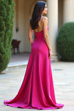 Spaghetti Straps Fuchsia A Line Long Prom Dress with Slit