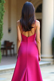 Spaghetti Straps Fuchsia A Line Long Prom Dress with Slit