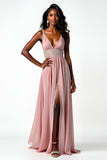 Blush V Neck A Line Beaded Chiffon Wedding Guest Dress with Slit