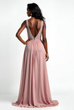 Blush V Neck A Line Beaded Chiffon Wedding Guest Dress with Slit
