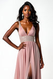 Blush V Neck A Line Beaded Chiffon Wedding Guest Dress with Slit