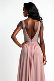 Blush V Neck A Line Beaded Chiffon Wedding Guest Dress with Slit