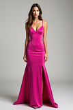 Fuchsia Spaghetti Straps V Neck Sheath Long Prom Dress with Slit