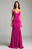 Fuchsia Spaghetti Straps V Neck Sheath Long Prom Dress with Slit