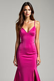 Fuchsia Spaghetti Straps V Neck Sheath Long Prom Dress with Slit