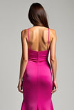 Fuchsia Spaghetti Straps V Neck Sheath Long Prom Dress with Slit