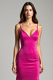 Fuchsia Spaghetti Straps V Neck Sheath Long Prom Dress with Slit