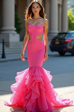 Strapless Fuchsia Mermaid Cut Out Long Prom Dress with Ruffles