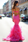 Strapless Fuchsia Mermaid Cut Out Long Prom Dress with Ruffles